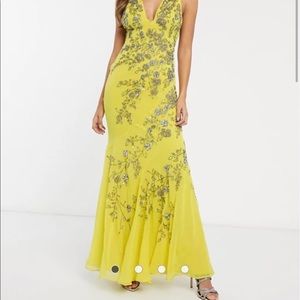 NWT:ASOS Yellow bias cut chiffon beaded maxi dress